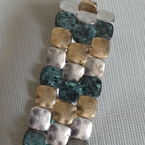 Gold & Silver Toned Patina Green Mosaic Metal Squares Stretchy Elastic Bracelet - Picture 8 of 8